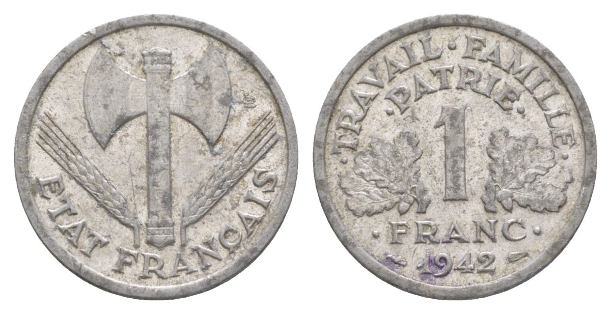Франция 1 франк 1942 LB, тип LOURDE, правительство Виши KM 902.1, Le Franc 223.2 алюминий 4631-522
