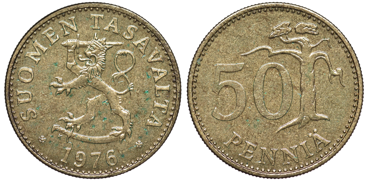 Финляндия 50 пенни 1976 K KM 48 алюминиевая бронза 259-625