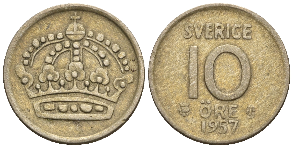 Швеция 10 эре 1957 T;S, Густав VI Адольф (1950-1973) KM 823 серебро 3309-425
