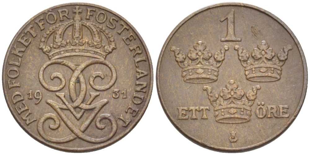 Швеция 1 эре 1931 Густав V (1907-1950) KM 777.2 бронза 116-1126
