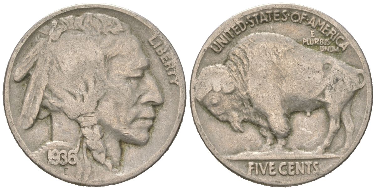 США 5 центов 1936 индеец, бизон KM 134 медно-никель 4614-1235