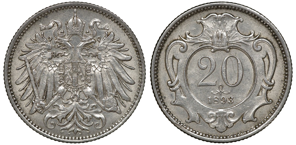 Австрия 20 геллеров 1893 Франц Иосиф I KM 2803 никель 4163-725