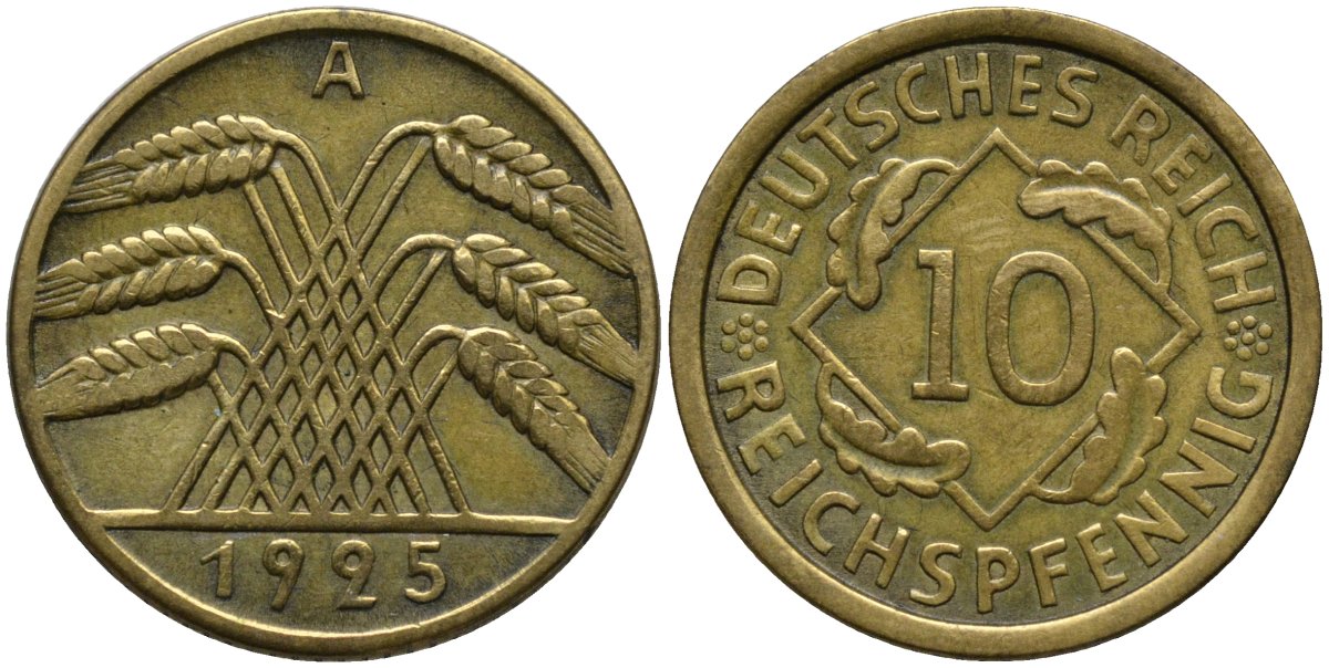 Германия 10 рейхспфеннигов 1925 A KM 40 алюминиевая бронза 4171-335