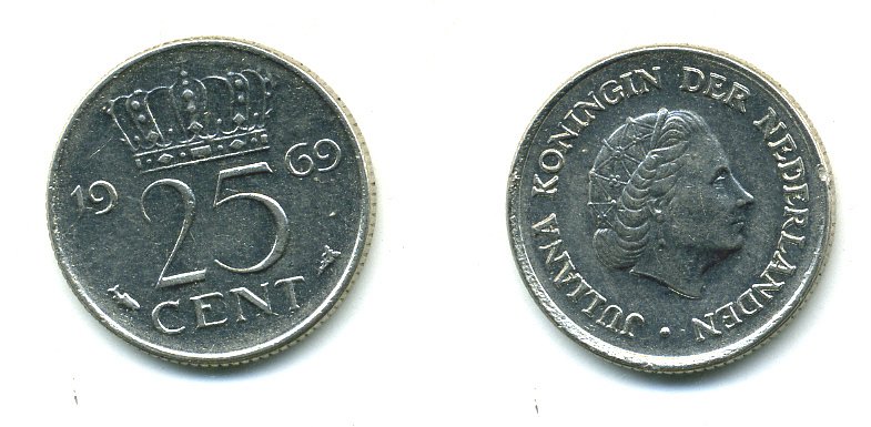 Нидерланды 25 центов 1969 Юлиана (1948-1980) KM 183 никель 76-516