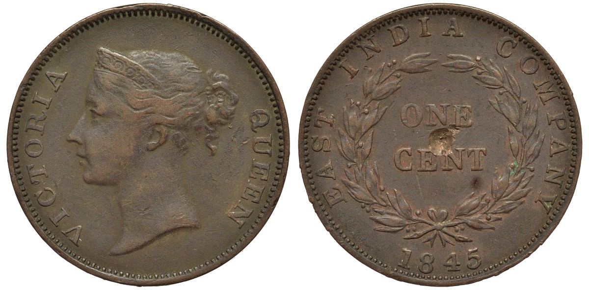 Стрейтс-Сетлментс 1 цент 1845 Виктория (1837-1901) KM 3 медь 4557-846