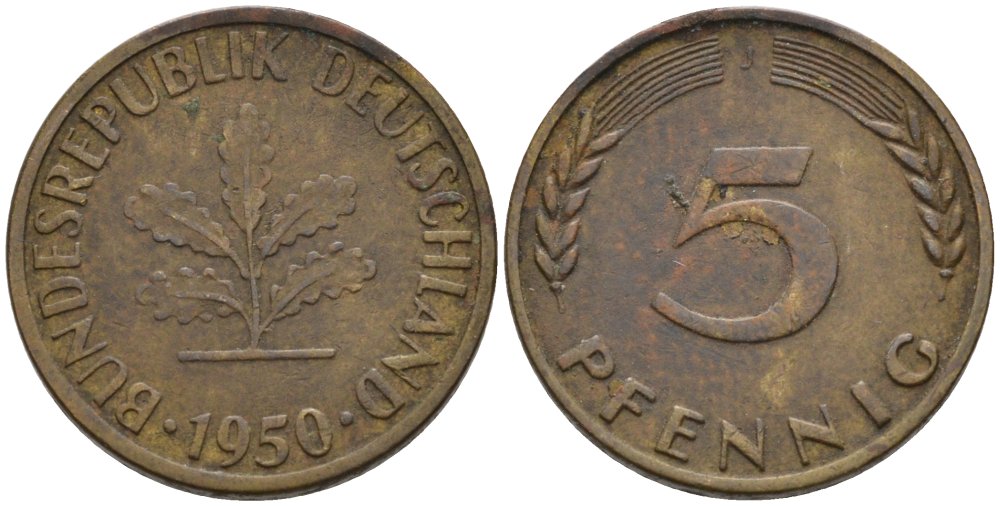 ФРГ 5 ПФЕННИГОВ 1950 J KM 107, J.382 сталь плакированная латунью 4567-866