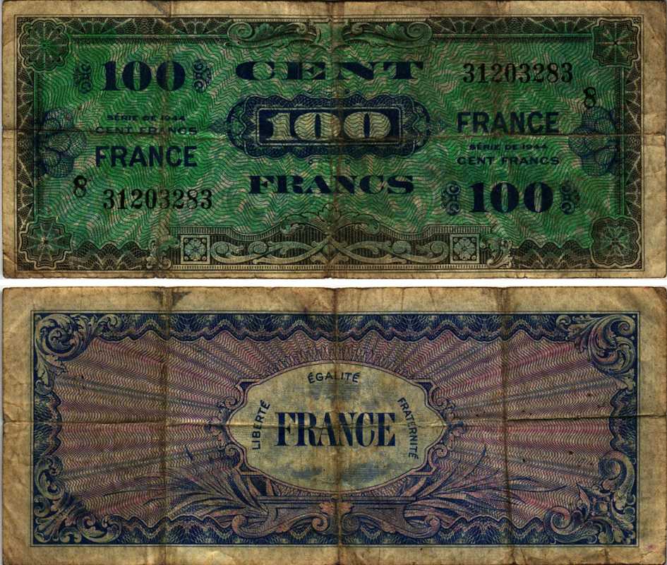 Франция 100 франков 1944 военный выпуск Pick 123 с бумага 8606-43-1-1