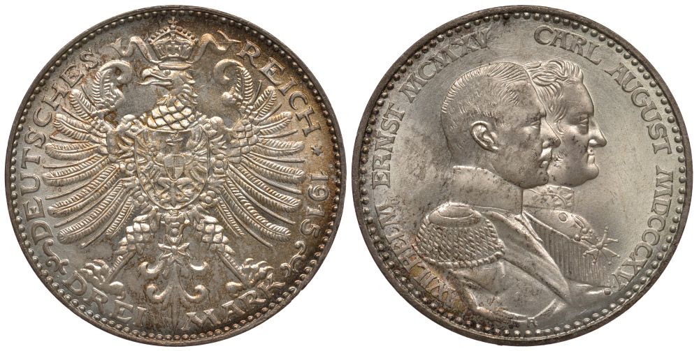 Саксен-Веймар-Эйзенах 3 марки 1915 A, 100 летие династии герцогов Саксен-Веймар-Эйзенаха, Вильгельм I и Карл Август Weege 159, J. 163, KM 177 серебро UNC 00-806-34