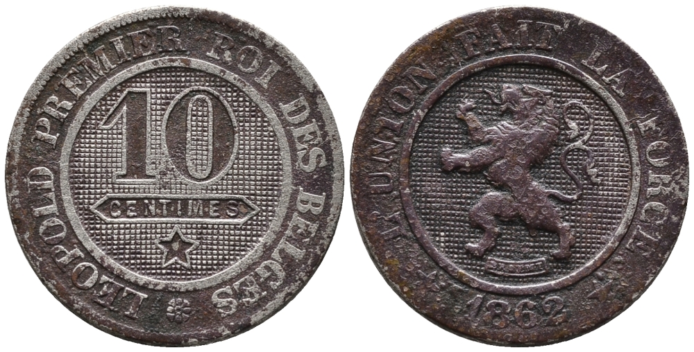 БЕЛЬГИЯ 10 САНТИМОВ 1862 BELGES KM 22 медно-никель 24-1146