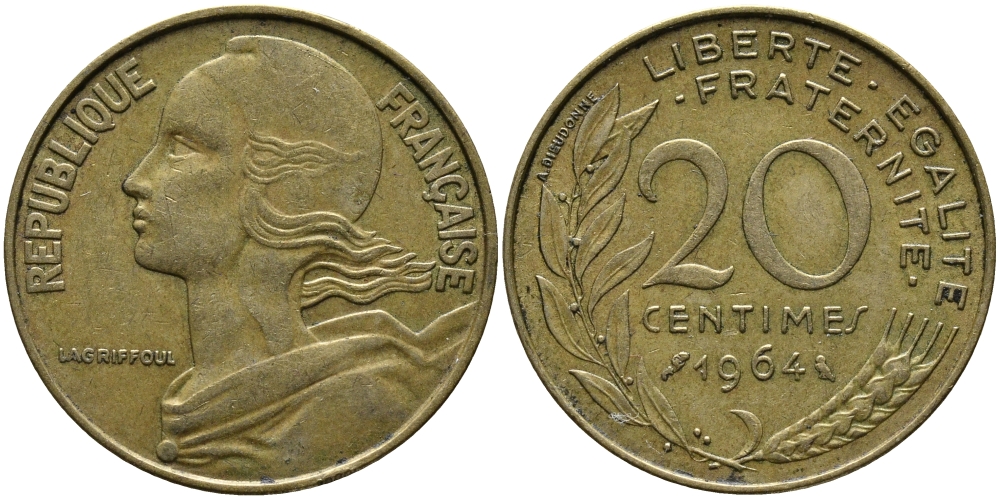 ФРАНЦИЯ 20 САНТИМОВ 1964 ТИП MARIANNE KM 930, LE FRANC 156.4 алюминиевая бронза 98-324