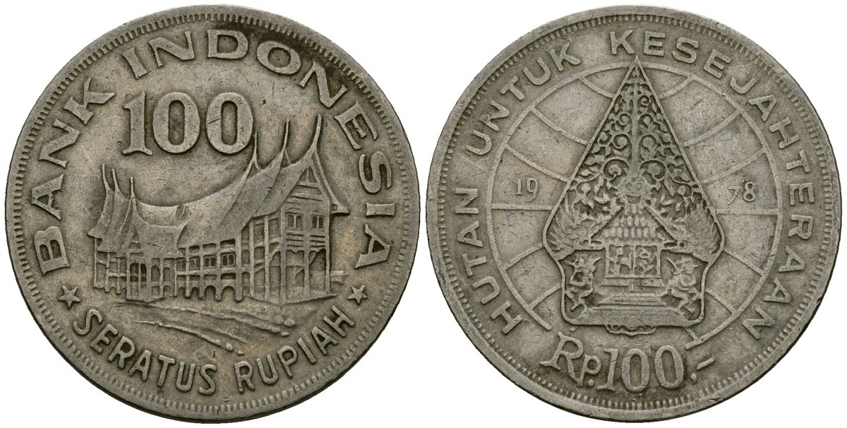Индонезия 100 рупий 1978 хижина Минангкабау, легендарное дерево жизни KM 42 медно-никель 4137-333