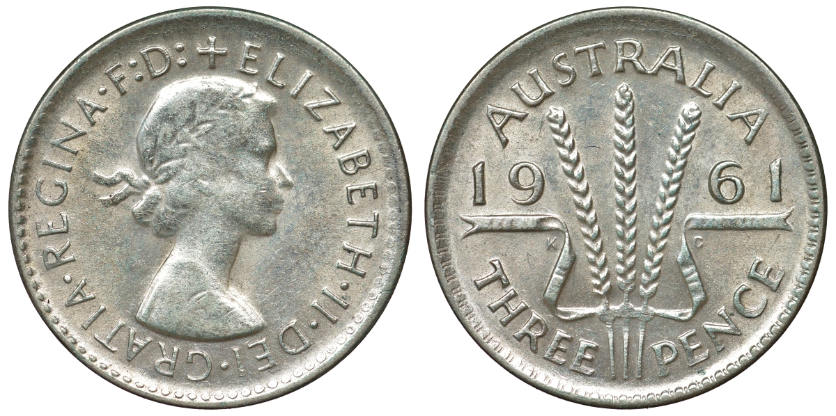 Австралия 3 пенса 1961 m, Елизавета II (1952-2022) KM 57 серебро 71-734