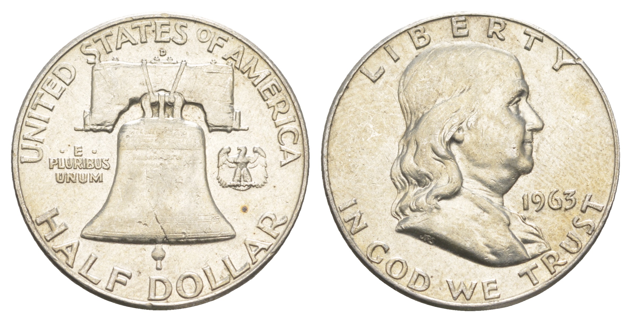 США 1/2 доллара (50 центов) 1963 Бенджамин Франклин, колокол KM 199 серебро  aUNC  4574-522