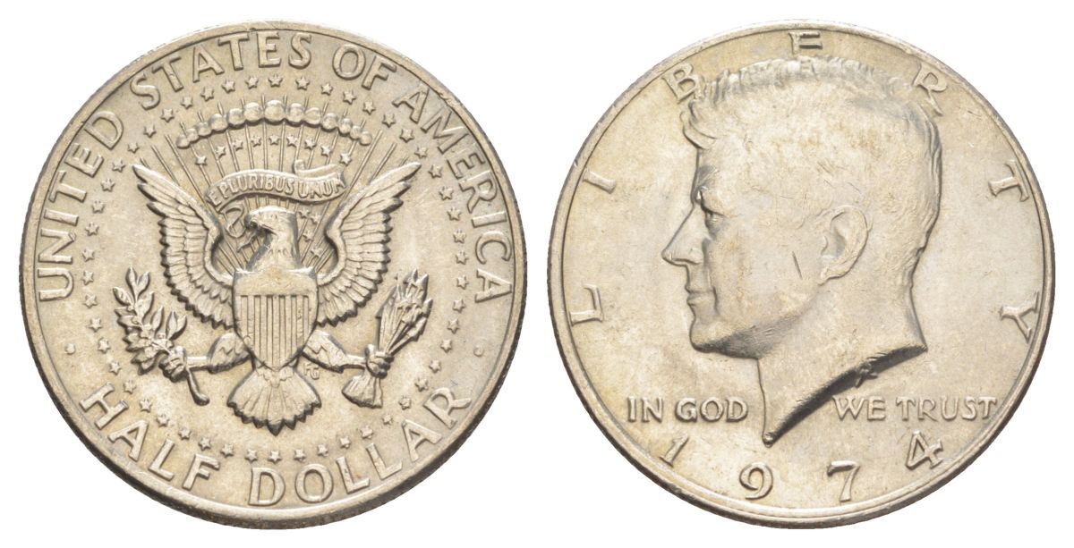 США 1/2 доллара (50 центов) 1974 Джон Кеннеди KM 202b медь плакированная медно-никелем aUNC 4536-745