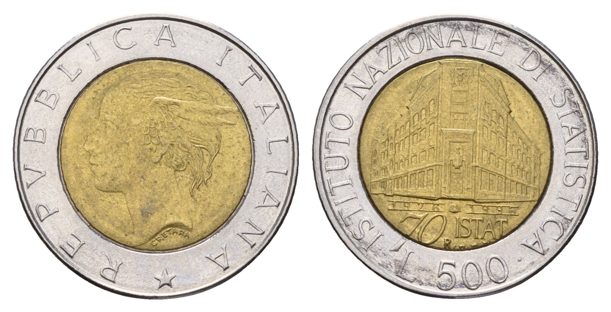 Италия 500 лир 1996 70 лет Национальному институту статистики KM 181 биметалл 202-355