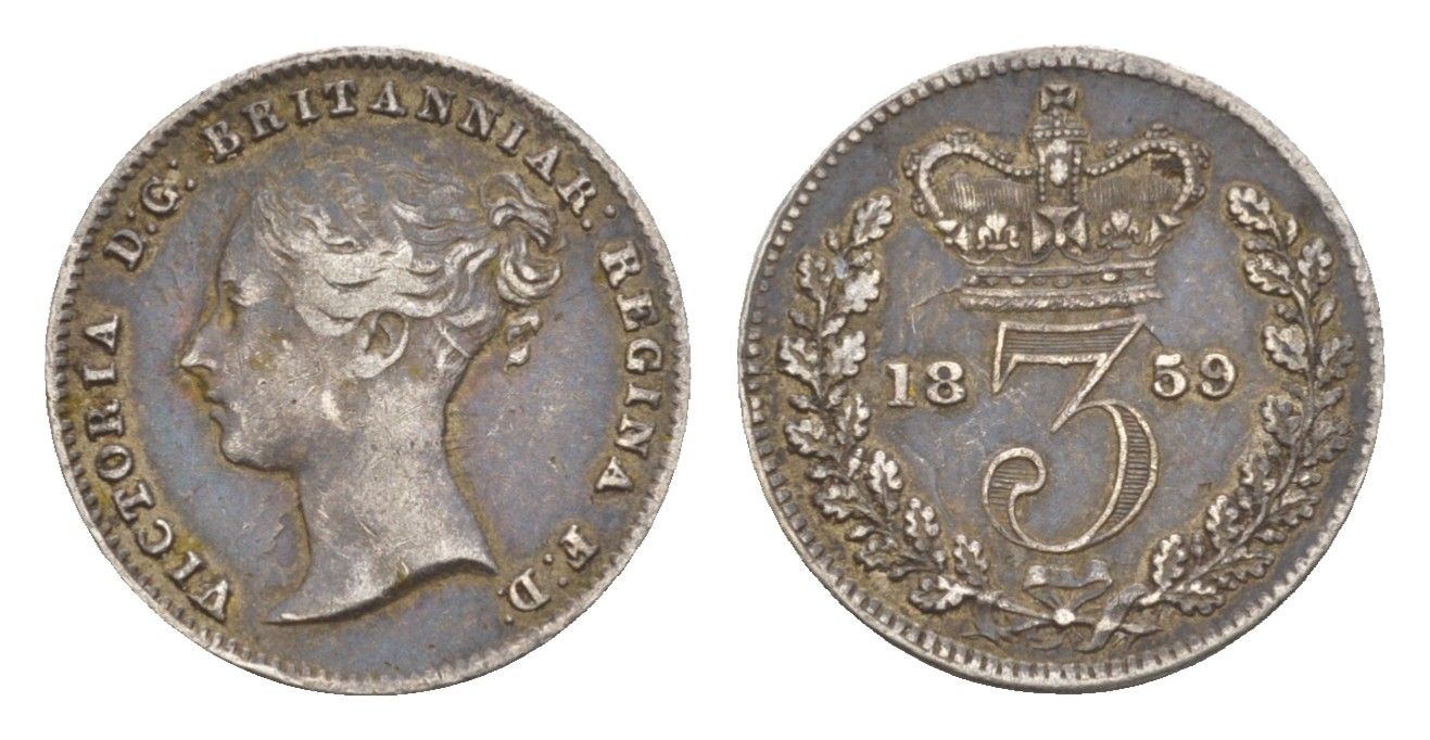 Великобритания 3 пенса 1859 Виктория (1837-1901) KM 730, Spink 3914 серебро 1531-1143