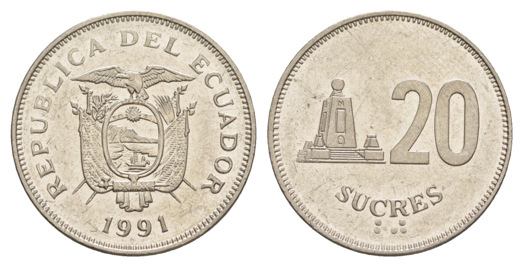 Эквадор 20 сукре 1991 KM 94.2 сталь плакированная никелем UNC 4641-724