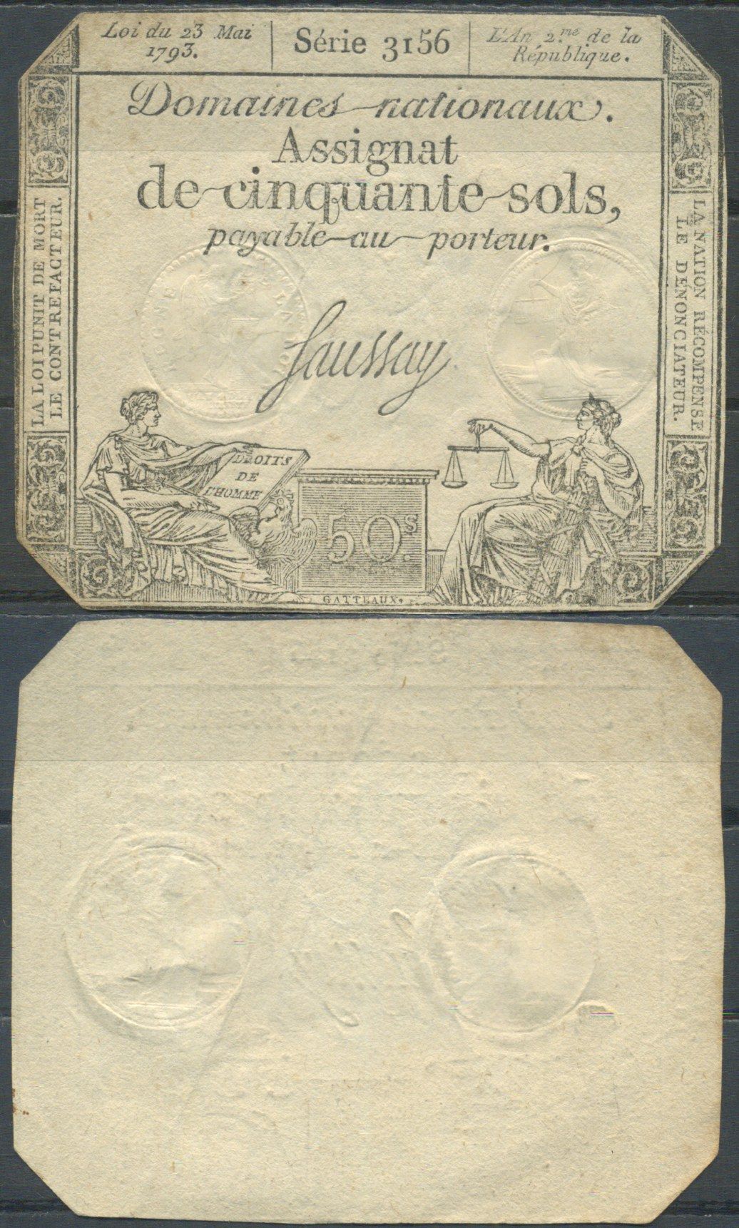 Франция 50 солей 1793 Pick A70 бумага 6285-21-3-1