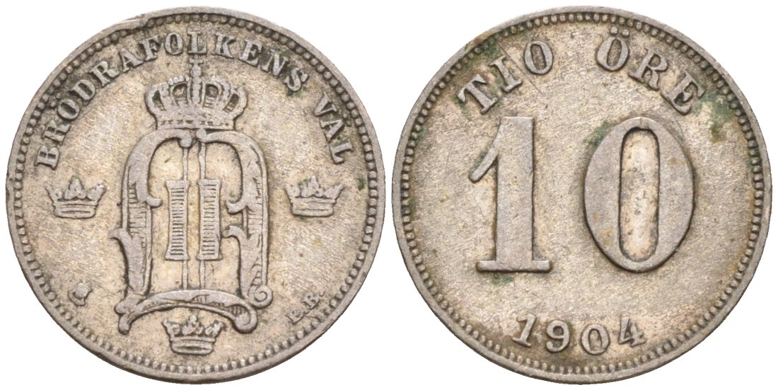 Швеция 10 эре 1904 ЕВ, Оскар II (1872-1907) король Швеции и Норвегии KM 755 серебро 188-1226