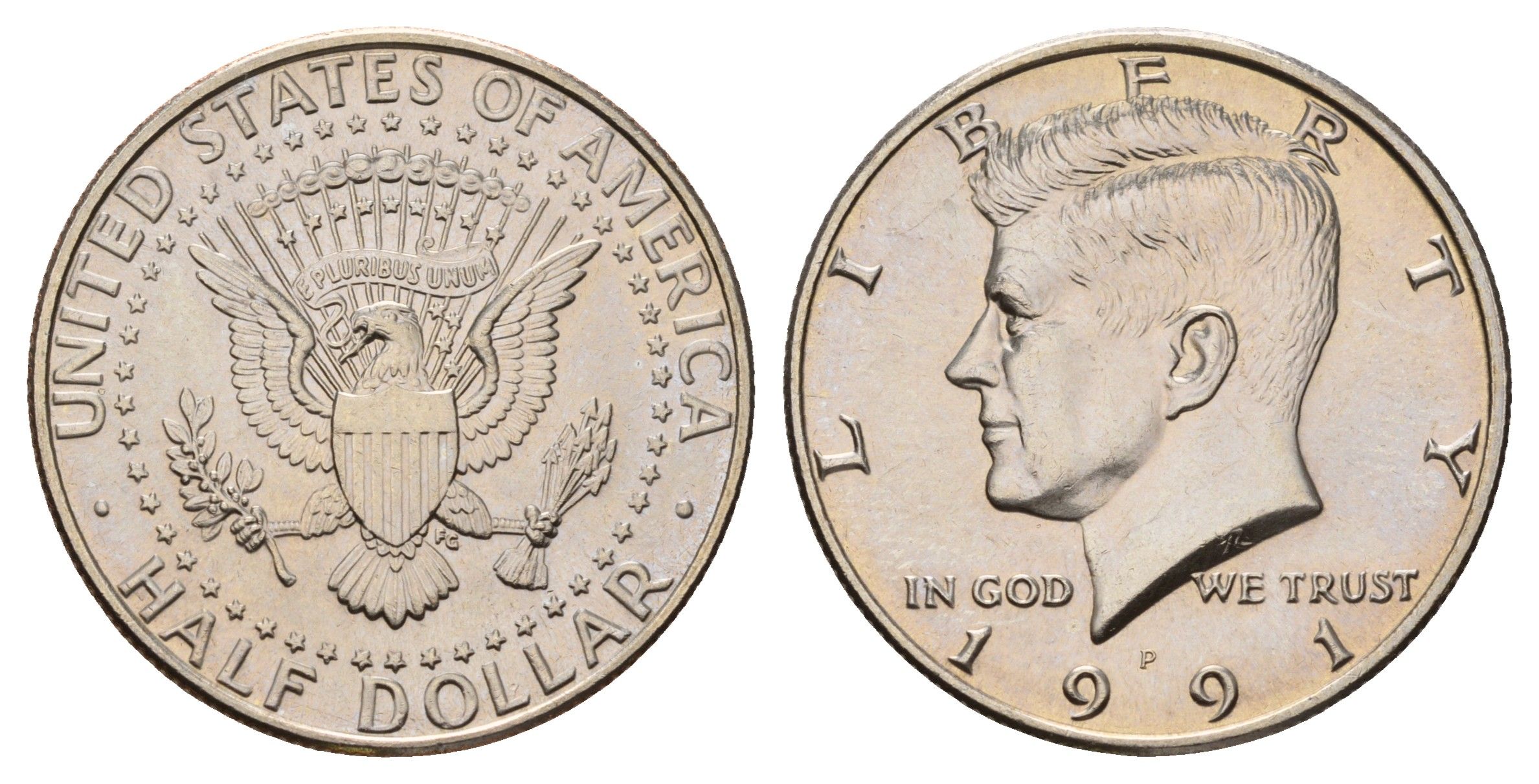 США 1/2 доллара (50 центов) 1991 P, Джон Кеннеди KM A202b медь плакированная медно-никелем UNC 4672-645