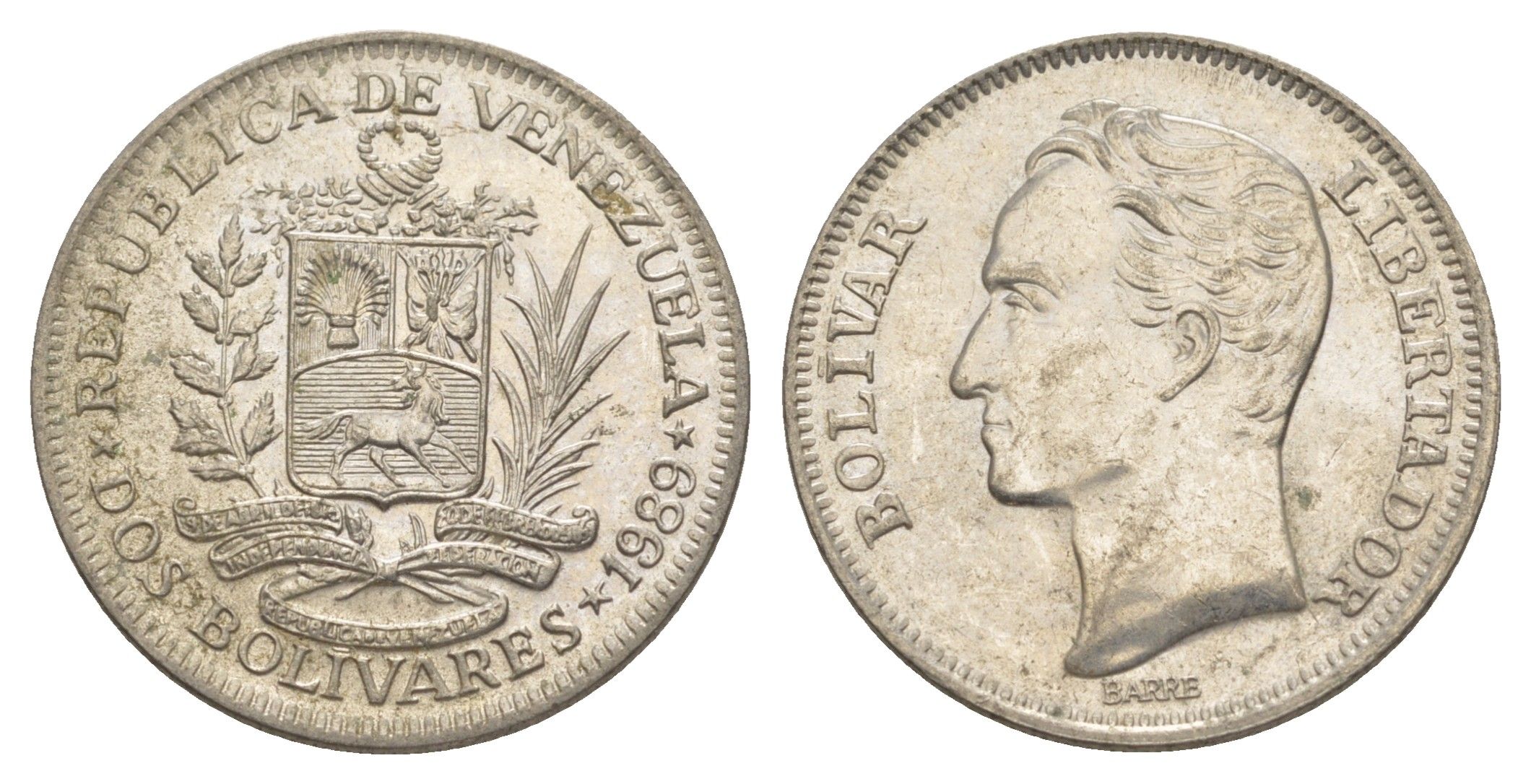 Венесуэла 2 боливара 1989 Симон Боливар Y 43a сталь плакированная никелем 4583-144