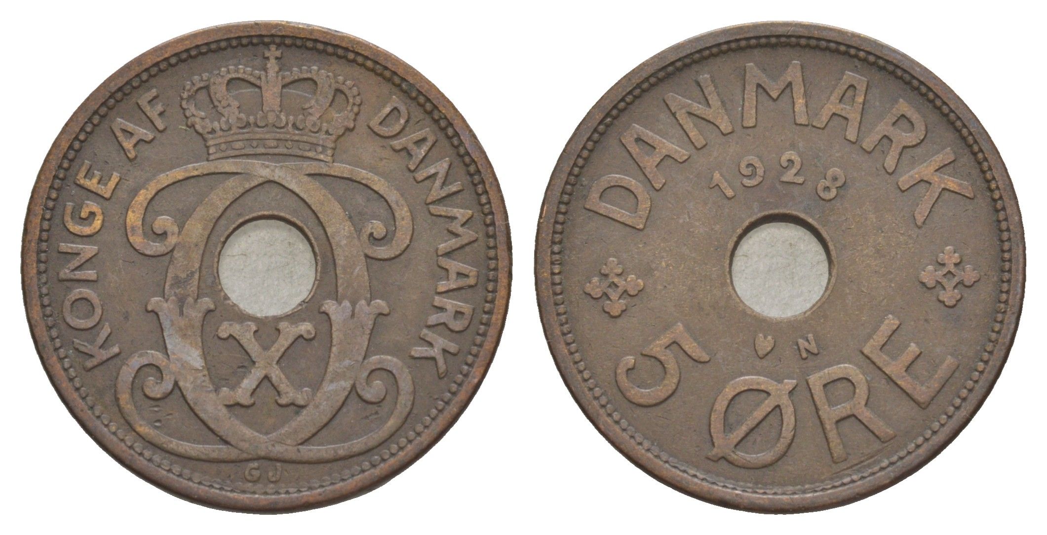 Дания 5 эре 1928 N, Кристиан X (1912-1947) KM 828 бронза 4638-613