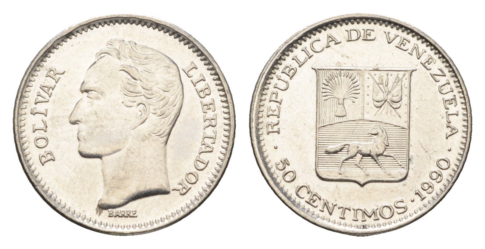 Венесуэла 50 сентимо 1990 Симон Боливар Y 41a сталь плакированная никелем UNC 4664-415