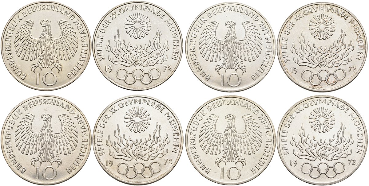 ФРГ набор из 4 монет по 10 марок 1972 XX Олимпийские игры 1972 года в Мюнхене, Олимпийский огонь (F, J, D, G), коробка KM 135, J. 405 серебро UNC 3-4-7-28