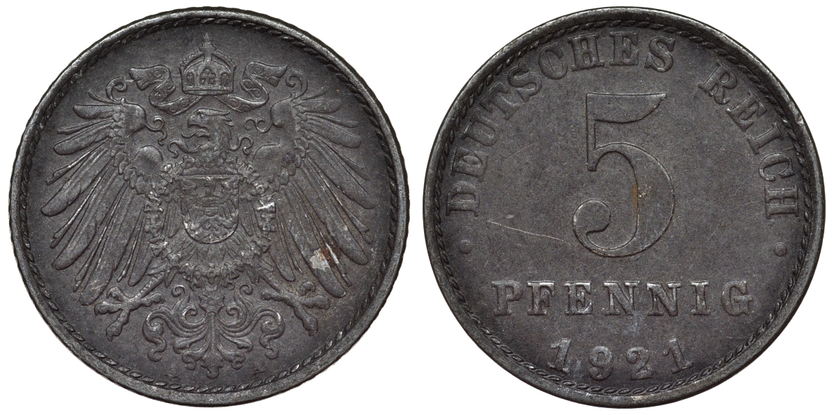 Германия 5 пфеннигов 1921 A KM 19, J. 297, Weege 5 железо 4118-1224