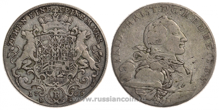 Бранденбург-Байрейт 1 талер 1766 ES, Фридрих Кристиан KM 252, Dav. 2042 серебро 00-000-00