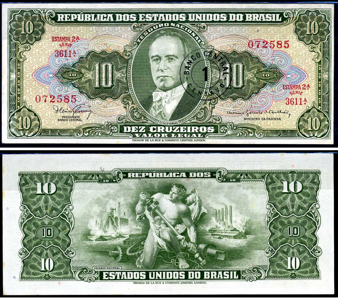 Бразилия 1 сентаво ND (1966 & 1967) Соединённые Штаты Бразилии, Жетулиу Варгас Pick 183 b бумага aUNC 7148-36-3-2