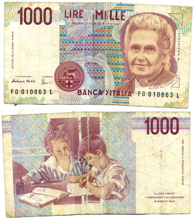 Италия 1000 лир 1990 Мария Монтессори Pick 114c 7484-17-3-2
