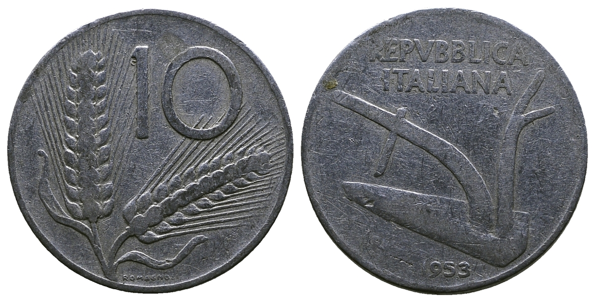 Италия 10 лир 1953 R, плуг, колосья KM 93 алюминий 4384-1112