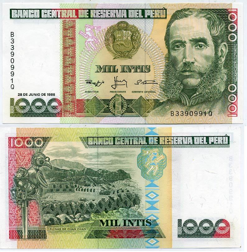Перу 1000 инти 1988 Андрес Авелино Касерес, руины Чан-Чан Pick 136 b бумага UNC (пресс) 7484-70-3
