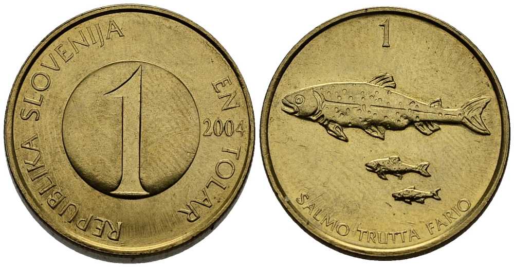 Словения 1 толар 2004 рыбы KM 4 никель латунь 65-155