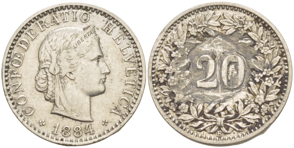 ШВЕЙЦАРИЯ 20 РАППЕНОВ 1884 В KM 29 никель 4525-935