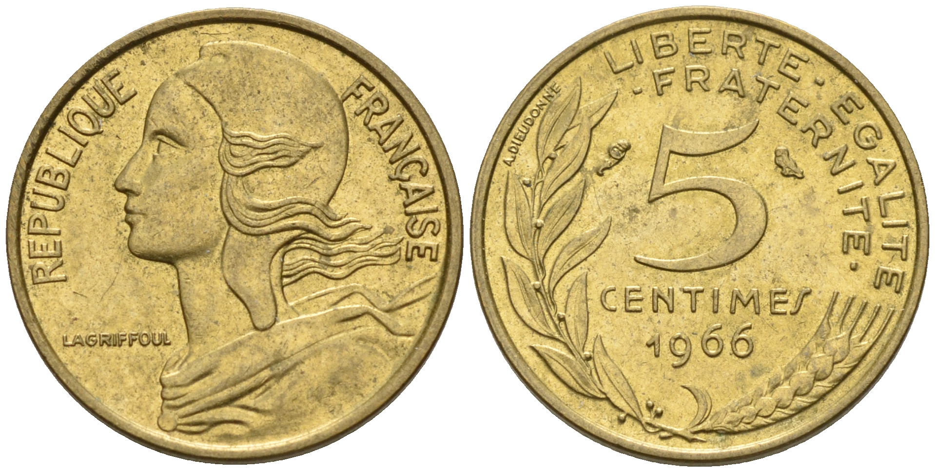 Франция 5 сантимов 1966 тип Marianne KM 933, LE FRANC 125.2 алюминиевая бронза    4602-553