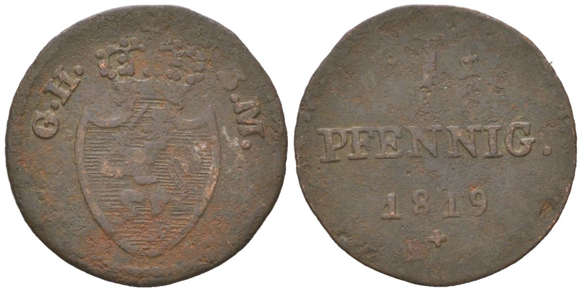 Гессен-Дармштадт 1 пфенниг 1819 Луи I (1806-1830) KM 280 бронза 4615-769