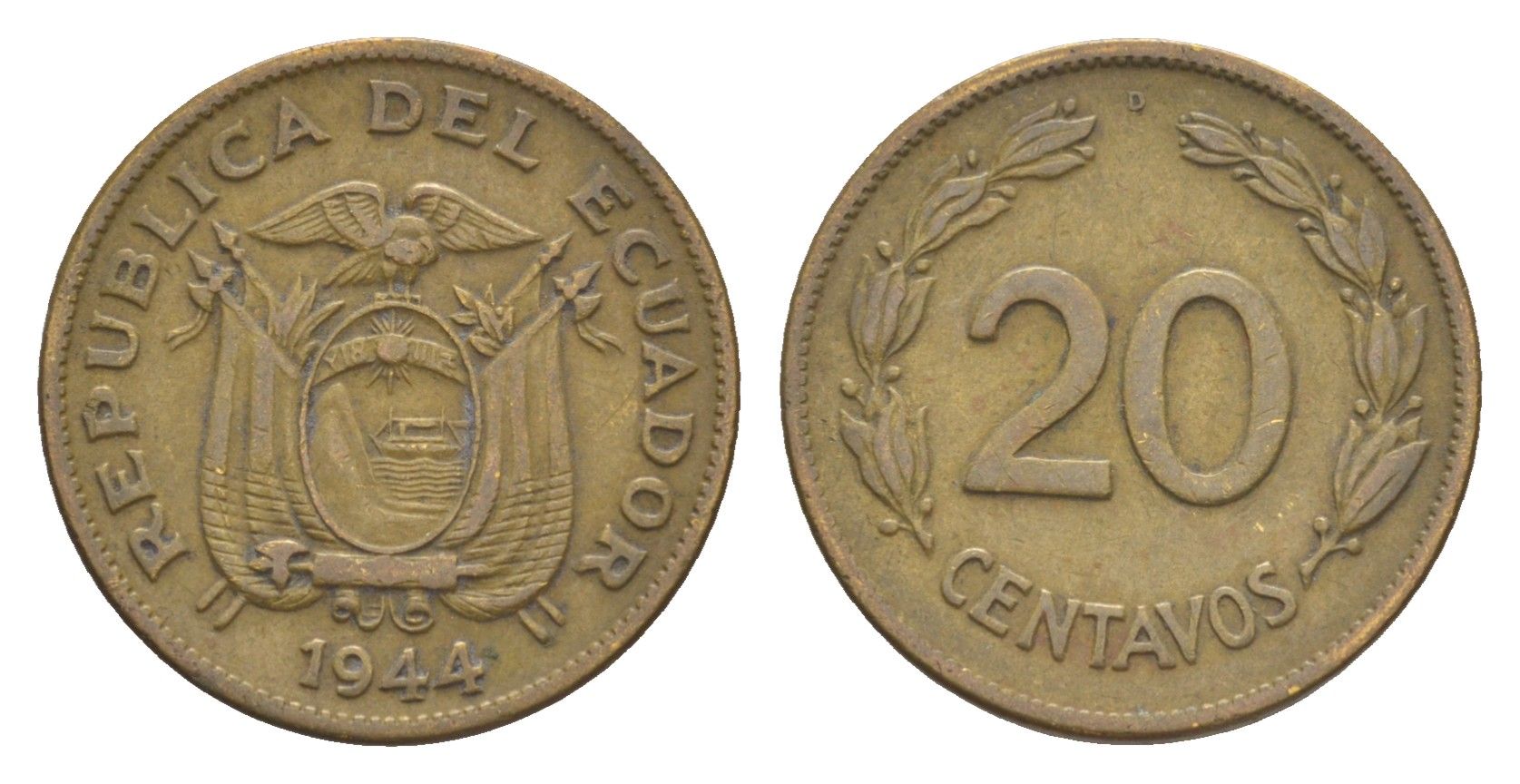 Эквадор 20 сентаво 1944 KM 77.1a латунь 4640-1223