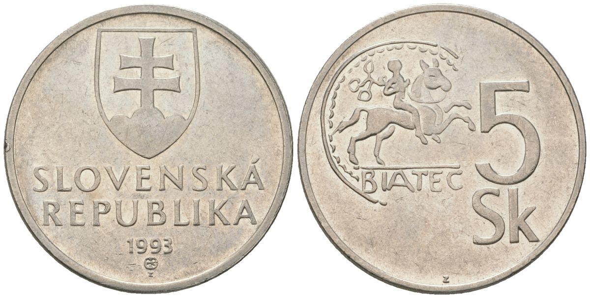 Словакия 5 крон 1993 MK KM 14 сталь плакировнная никелем 4586-1246