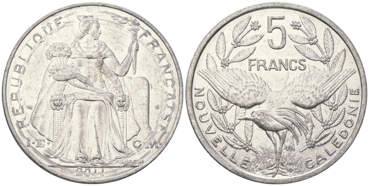 Французская Новая Каледония 5 франков 2011 птица кагу, (IEOM) KM 16, Schoen 12, Lec 81k алюминий 4111-816