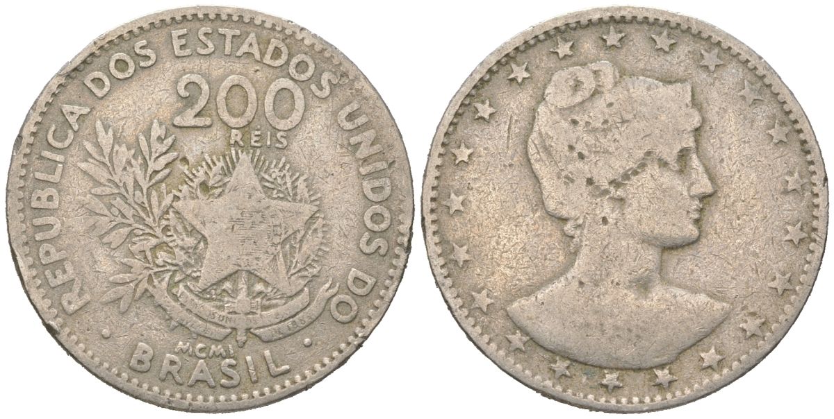 Бразилия 200 реалов 1901 MCMI, голова свободы вправо KM 504 медно-никель 4612-232