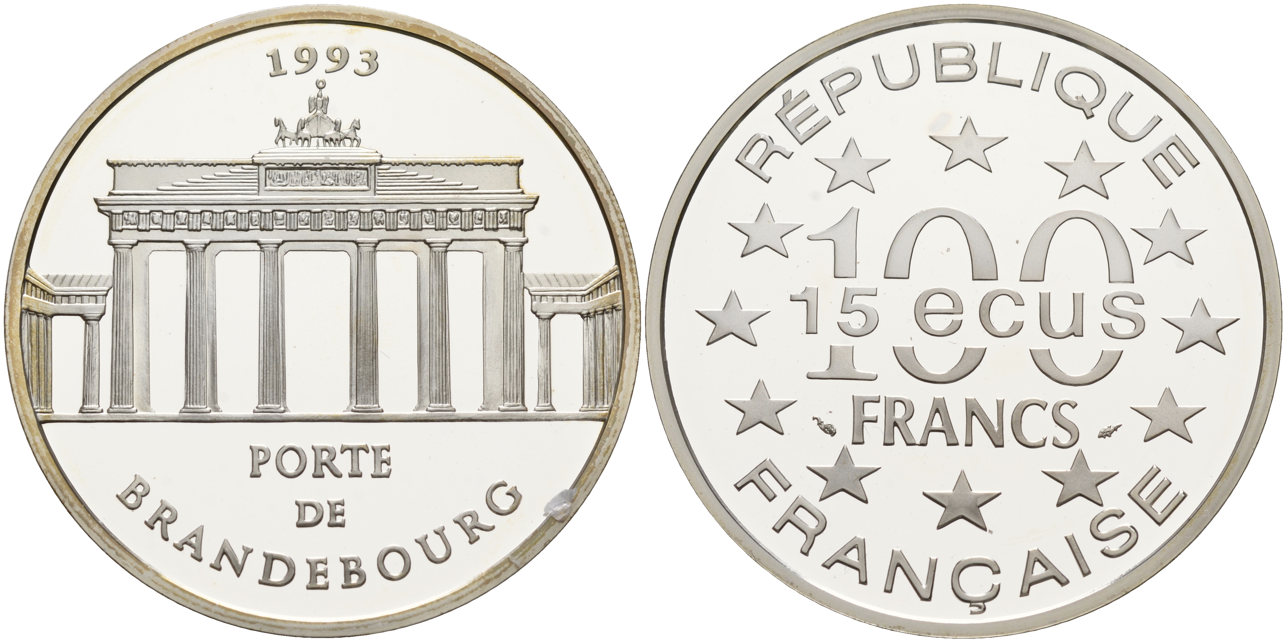 Франция 100 франков - 15 экю 1993 серия архитектурные монументы Европы (Бранденбургские ворота в Берлине), в коробке с сертификатом KM серебро  PROOF  7-6-1-43