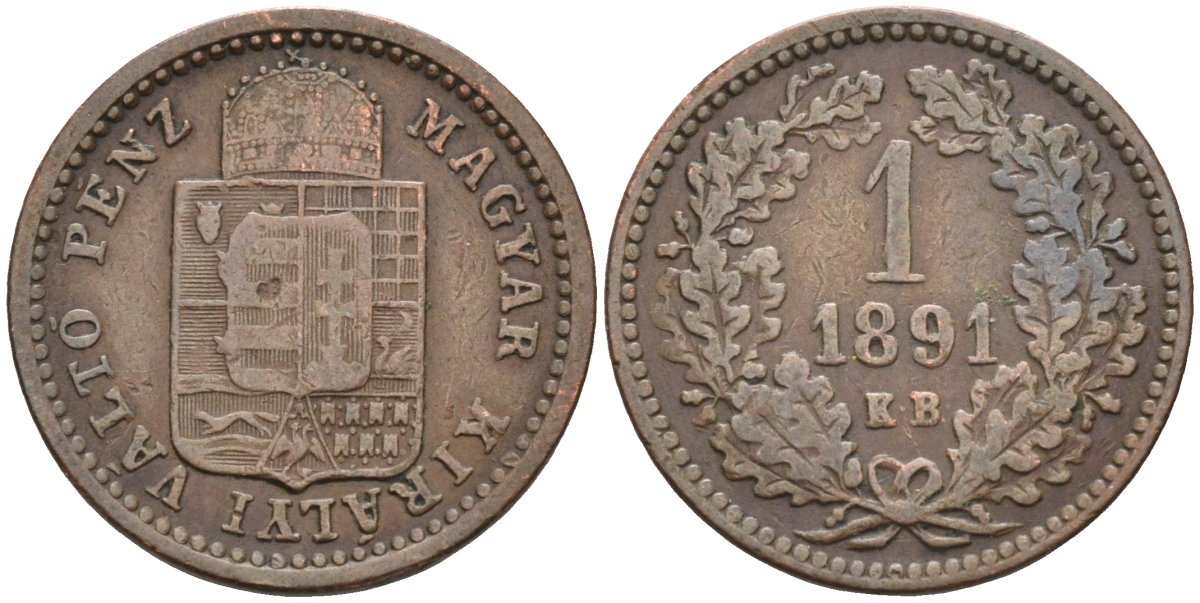Венгрия 1 крейцер 1891 КВ, Франц Иосиф I (1848-1916) KM 478 медь 4585-148