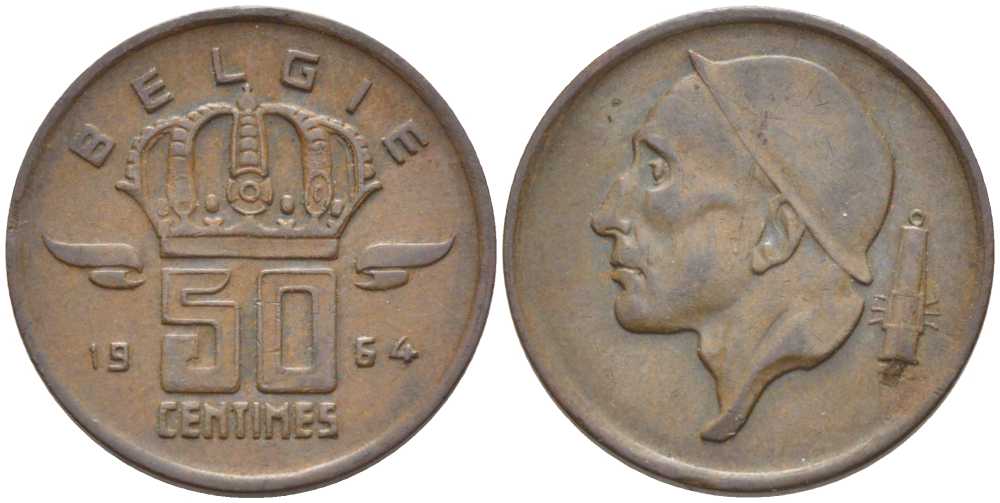 БЕЛЬГИЯ 50 САНТИМОВ 1964 BELGIE, БОДУЭН I (1951-1993) KM 149.1 бронза 116-1029