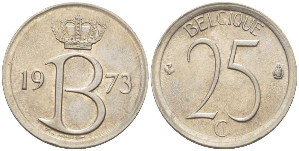 БЕЛЬГИЯ 25 САНТИМОВ 1973 BELGIQUE, БОДУЭН I (1951-1993) KM 153.1 медно-никель 214-438