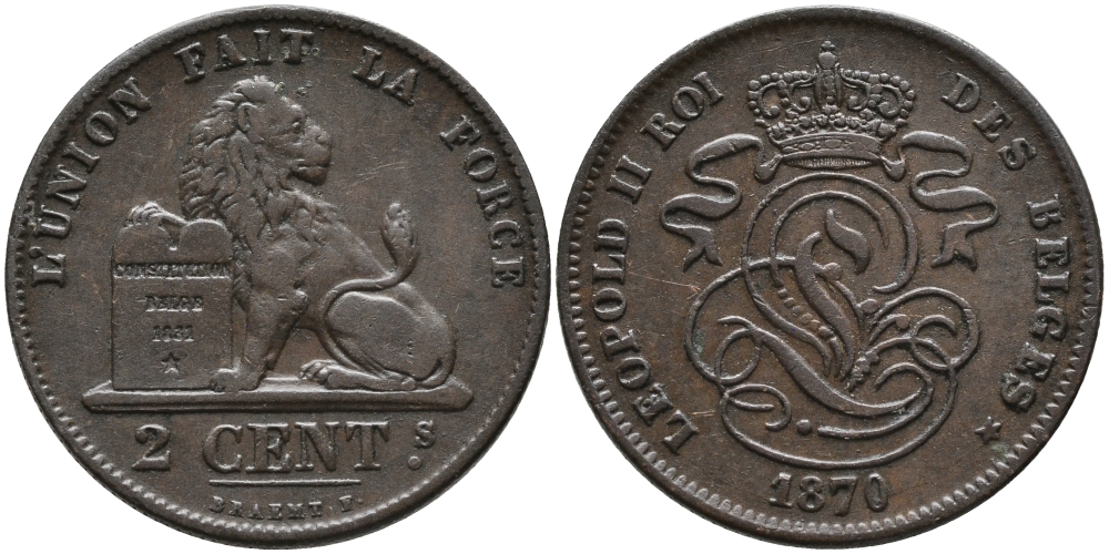 БЕЛЬГИЯ 2 САНТИМА 1870 BELGES KM 35.1 медь 95-651