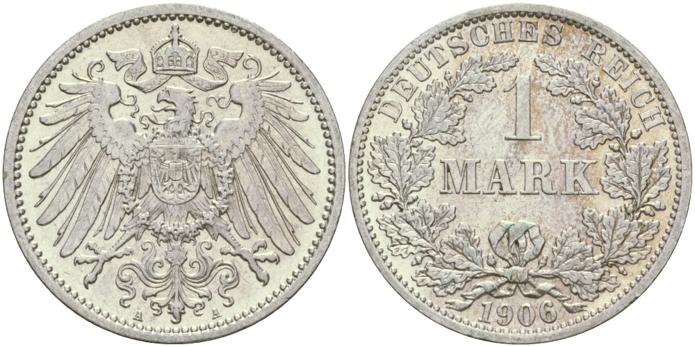 Германия 1 марка 1906 A Weege 18, J. 17, KM 14 серебро aUNC 65-211