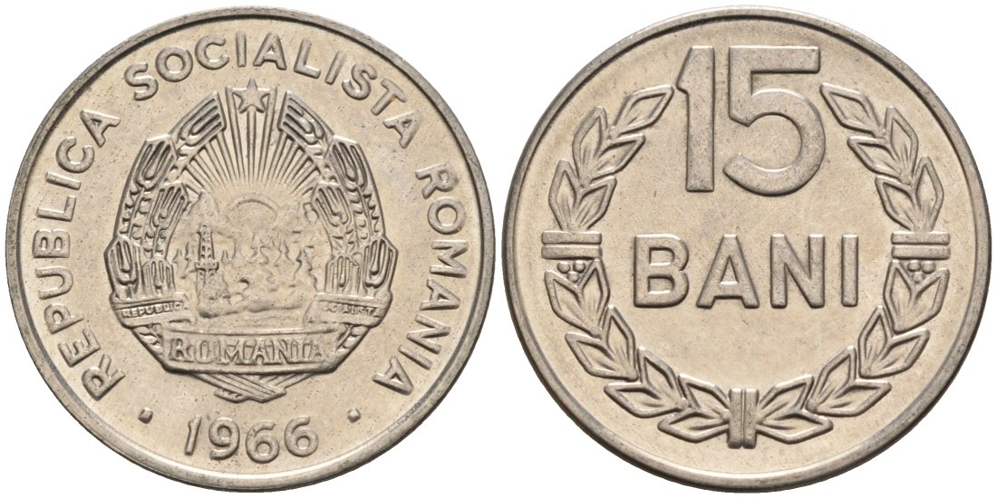 Румыния 15 бани 1966 KM 93 сталь плакированная никелем 4567-356