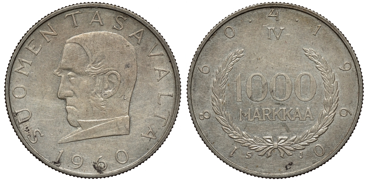 Финляндия 1000 марок 1960 S-J, 100 лет марочной системе Снеллмана (1860-1960) KM 43 серебро 441-325